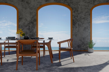 3D Rendering : illustration of Modern dining room set on table with sea view. decorate room with wooden cozy loft style interior. blue sea and sky with sunlight. luxury dinner. family time.