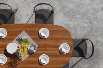 3D Rendering : illustration top view over dining table in dining room. ceramic dish decoration on wooden table. soft light color. set of dinner room. little plant decoration.