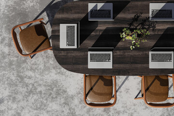Fototapeta na wymiar 3D Rendering : illustration of set of wooden table and chair working table in co-working space of team. soft light color. little plant decoration on table. cozy and minimal interior design