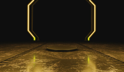 3D Rendering : Illustration of black metal podium or pedestal display on black and dark. Blank product shelf standing. glow neon light. gold neon circle frame portal. virtual reality. sci-fi concept