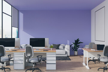 3D Rendering : illustration of modern interior Creative designer office desktop with PC computer. working place. light from outside. high rise condo office. white clean working space. glass window.