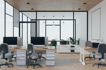 3D Rendering : illustration of modern interior Creative designer office desktop with PC computer. working place. light from outside. high rise condo office. white clean working space. glass window. - obrazy, fototapety, plakaty