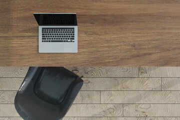 3D Rendering : illustration of modern interior Creative designer office desktop with laptop computer. mock up working place. wood table. light from outside. loft wooden floor background. from top view