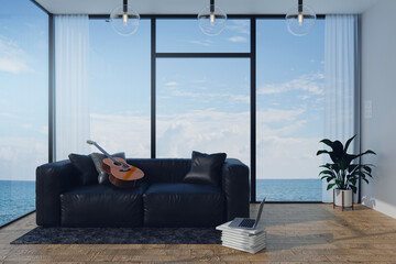 3D Rendering : illustration of soft couch sofa in wide window glass view living room interior. sea view living room. modern white and easy cozy interior room. rest area of family. guitar for chill out