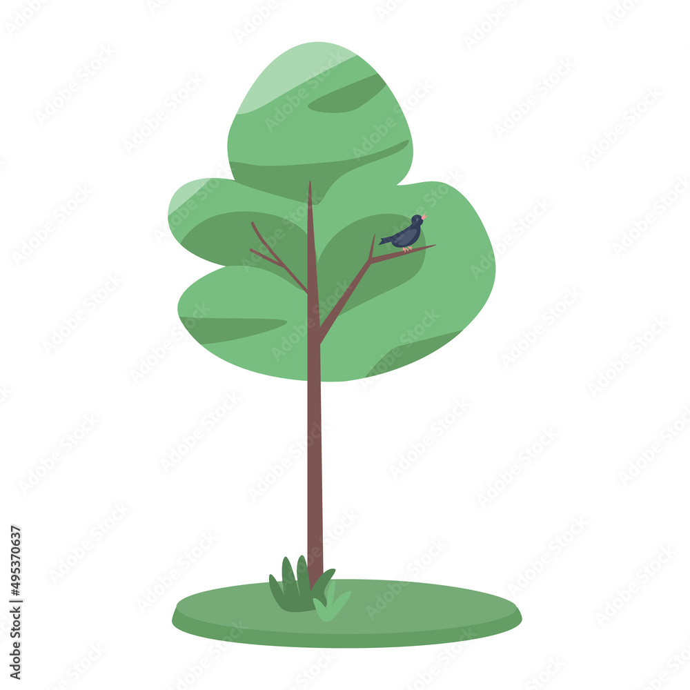 Poster tree with singing bird semi flat color vector object. full sized item on white. park and forest. ele
