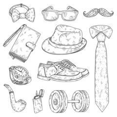 Men fashion accessories icons collection engraving vector illustration isolated.