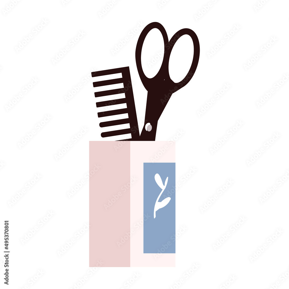 Poster scissors and comb holder semi flat color vector object. full sized item on white. hairdressing tools