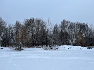Winter landscape of the winter forest. Snowbanks and frozen pond covered with snow in Strogino, Moscow. Russia. Cold. Russian winter