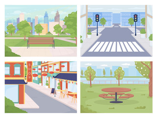 Urban areas flat color vector illustration set. Pedestrian crossing. Dining and shopping destination 2D simple cartoon landscapes and cityscapes with buildings on background collection