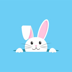 Cute vector bunny peeking out of the hole. Easter holiday. On a blue background