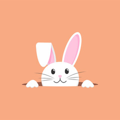 Cute vector bunny peeking out of the hole. Easter holiday. On a orange background	