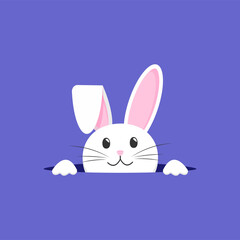 A cute vector bunny peeks out of a hole. Easter feast. Against a purple background