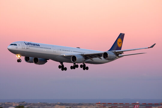 Luqa, Malta - September 12, 2010: Lufthansa Airbus A340-642 (REG: D-AIHE) landing at dusk for servicing at Lufthansa Technik Malta (LTM). 