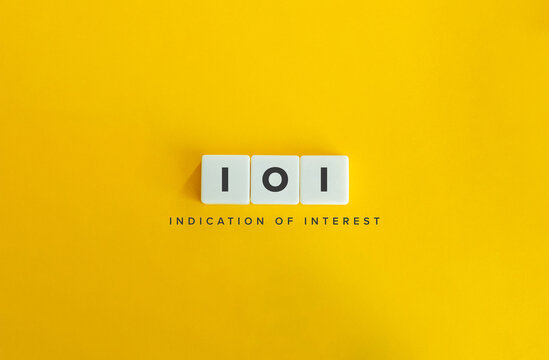 Indication of Interest (IOI) Banner. Letter Tiles on Yellow Background. Minimal Aesthetics.
