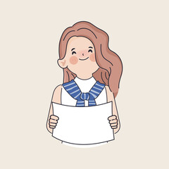 Hand drawn cute cartoon woman holding a white placard presenting character.