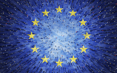 Crowd of people on European Union flag. EU society