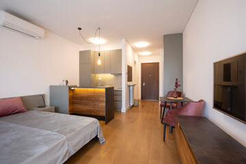 Wooden floor in open plan apartment