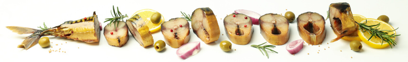 Concept of tasty food with smoked mackerel on white background