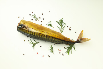 Fototapeta premium Concept of tasty food with smoked mackerel on white background