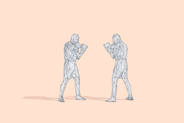 Low poly wireframe of two boxers fighting at studio