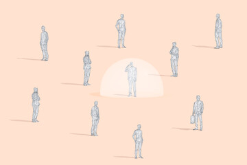 Low poly wireframe of businessman in bubble amidst colleagues at studio