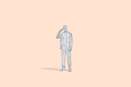 3D rendering of wireframe businessman pointing to head at studio