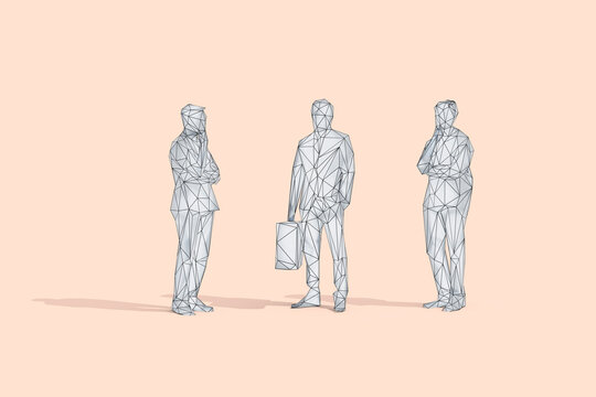 Low poly wireframe of businessman with suitcase by thoughtful colleagues in studio