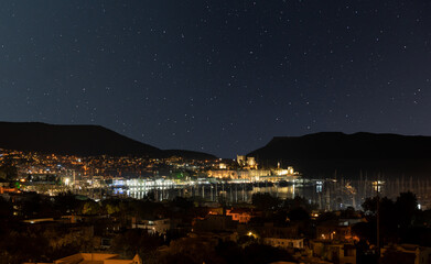 Close up photo of bodrum castle with nightscape.