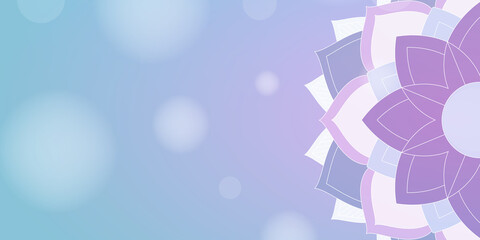 Floral modern mandala pattern on blurred bokeh background. Horizontal zen meditation and calm yoga banner with copy space for your text.