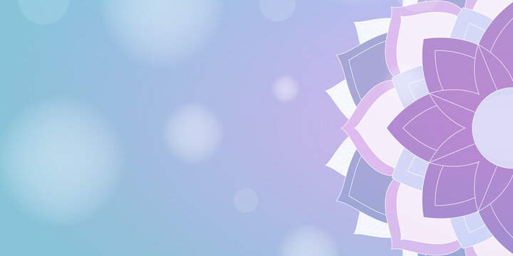 Floral modern mandala pattern on blurred bokeh background. Horizontal zen meditation and calm yoga banner with copy space for your text.
