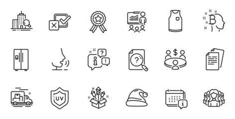 Outline set of Inspect, Checkbox and Refrigerator line icons for web application. Talk, information, delivery truck outline icon. Include Uv protection, T-shirt, Calendar icons. Vector