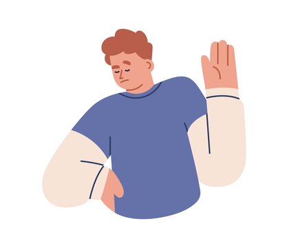 Sceptic refusing with hand, palm gesture, saying no, stopping smth. Skeptical person rejecting in distrust. Rejection and refusal, mute sign. Flat vector illustration isolated on white background