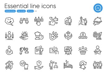 Job interview, Volunteer and Social distancing line icons. Collection of Coronavirus injections, Rotation gesture, Presentation icons. Share, Checkbox, Social responsibility web elements. Vector