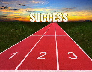 Athletic competitions starting line positions from one to three, red rubber running track with...