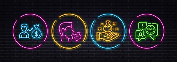 Sallary, Cough and Chemistry lab minimal line icons. Neon laser 3d lights. Time management icons. For web, application, printing. Person earnings, Coronavirus symptom, Laboratory. Office chat. Vector