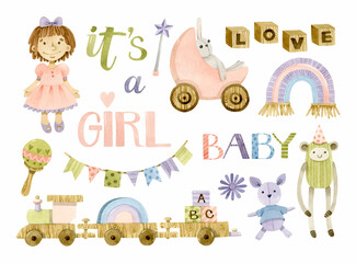 Children doll, train, toys watercolor elements and lettering set