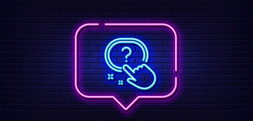 Obraz premium Neon light speech bubble. Question button line icon. Ask help sign. Faq questionnaire symbol. Neon light background. Question button glow line. Brick wall banner. Vector
