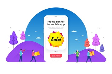 Sale sticker. Phone ui interface banner. Discount banner shape. Coupon bubble icon. Mobile smartphone promo banner. Sale sticker tag. Man with gift box. Vector