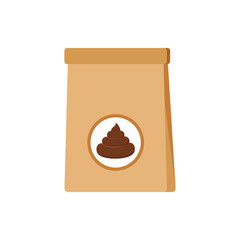 Poop bag for dog excrement icon isolated on white background. Paper kraft package for animal piece of shit. Flat design cartoon vector clip art illustration.