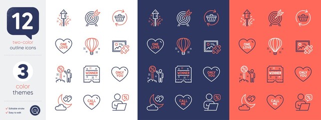 Set of One love, Only you and Online discounts line icons. Include Winner ticket, Love night, Discount icons. Air balloon, Puzzle image, Fireworks web elements. Call me, Archery, Refresh cart. Vector