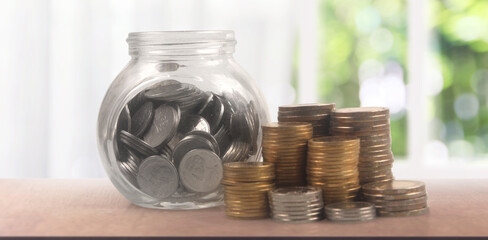 Coin with trading graph, financial investment concept and Piggy bank