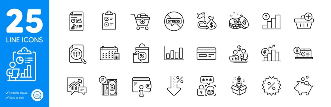 Outline Icons Set. Stop Stress, Sale Bags And Analytics Chart Icons. Cyber Attack, Accounting, Report Document Web Elements. Parking Payment, Euro Rate, Graph Chart Signs. Wallet. Vector