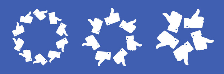 White thumb up circle icon set. Like round frame. Solidarity logo. Friendship emblem. Vector illustration