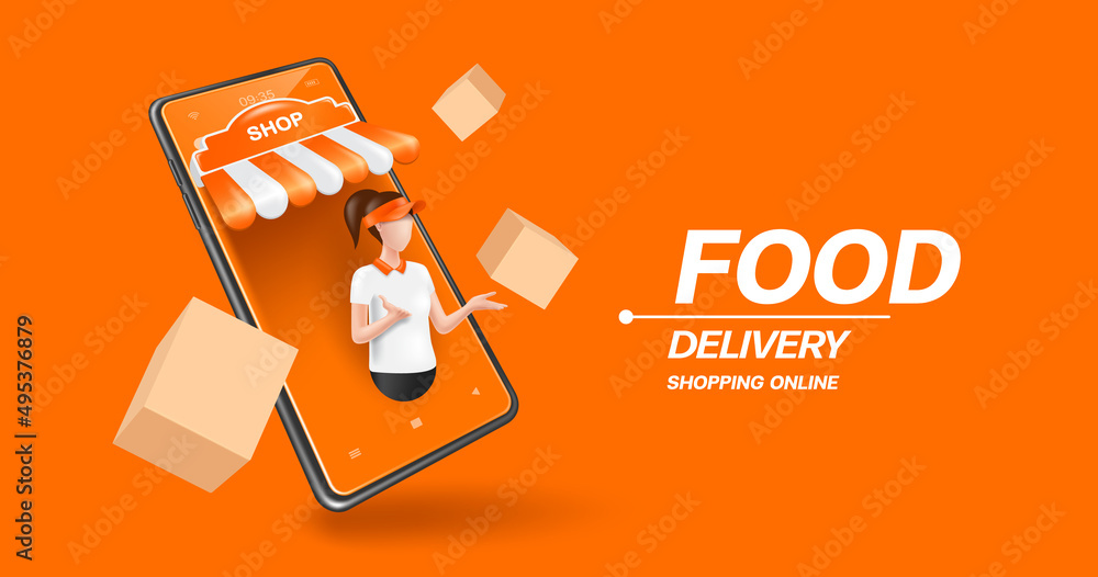 Wall mural food delivery woman standing on smartphone shop and making gestures and talking Invitation to order food online And there are food boxes or parcel boxes floating around,vector character 3d 