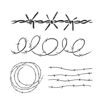 Barbed wire spiral, round, fence. Painted in black ink brush texture. Grunge style