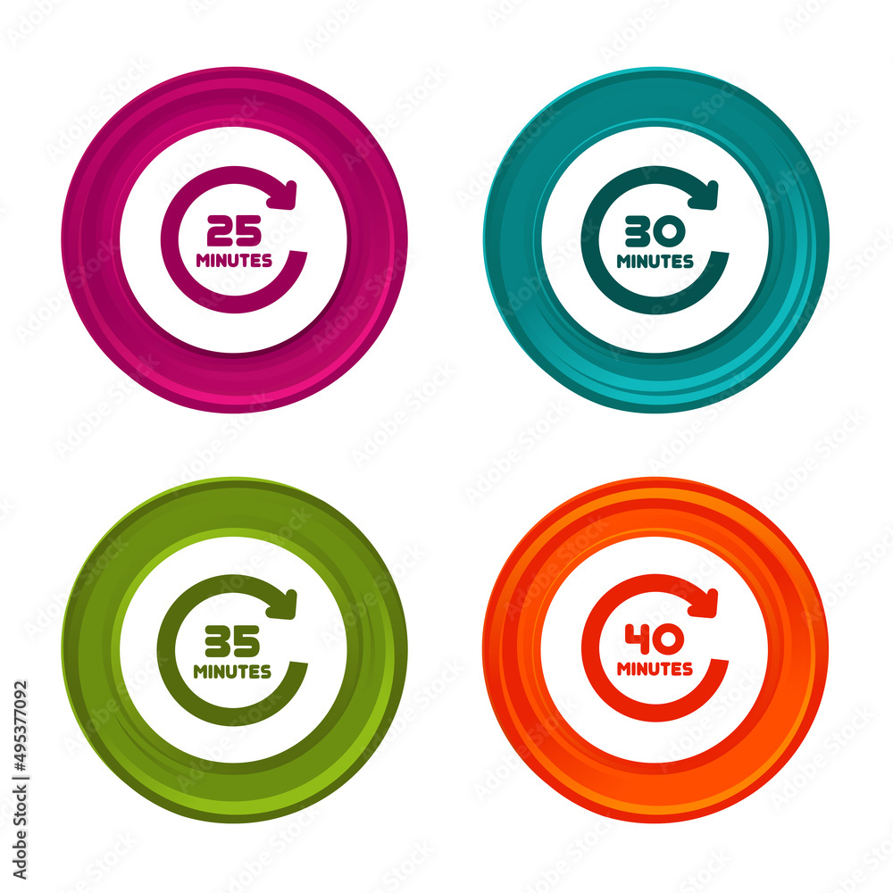 Poster 25, 30, 35 and 40 minutes rotation icons. timer symbols. colorful web button with icon.