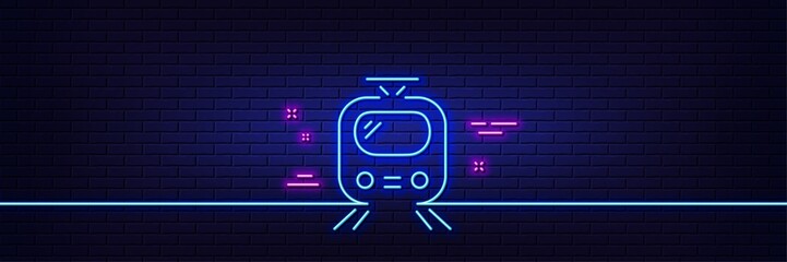 Neon light glow effect. Train transport line icon. Public transportation sign. Tram symbol. 3d line neon glow icon. Brick wall banner. Train outline. Vector