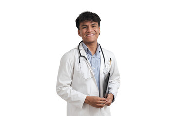 Portrait of a young peruvian male doctor smiling and looking at camera. Isolated over white background.