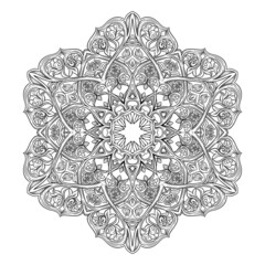 Interlacing circular abstract ornament in the medieval, romanesque style. Mandala. Element for design. Outline hand drawing vector illustration.