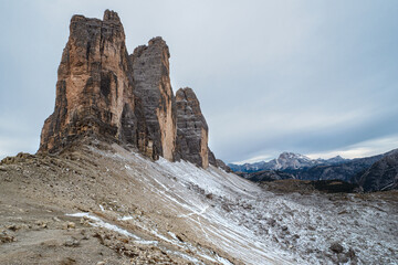Fototapeta na wymiar View of famous Tre Cime peaks in Tre Cime di Lavaredo National Park, Dolomiti Alps, South Tyrol, Italy